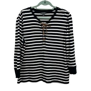 Lauren Ralph Lauren Women's Black White Striped Thermal Lace-Up Top XXL/1TG